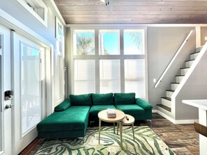 Smart TV, fireplace, books