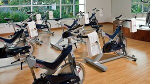 Ett gym med motionscyklar uppställda i rader, stora fönster med utsikt över grönområden och ett trägolv.