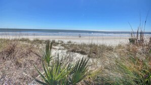 Una playa con dunas de arena y vegetación escasa.