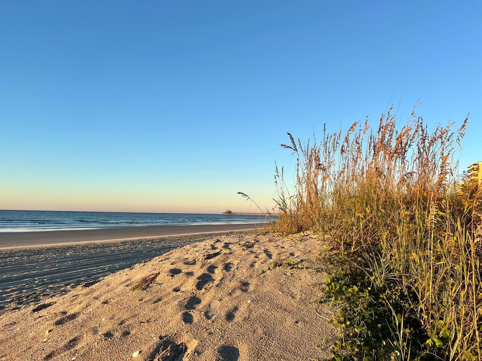 A beach with footprints in the sand, a clear sky, and a distant structure.
