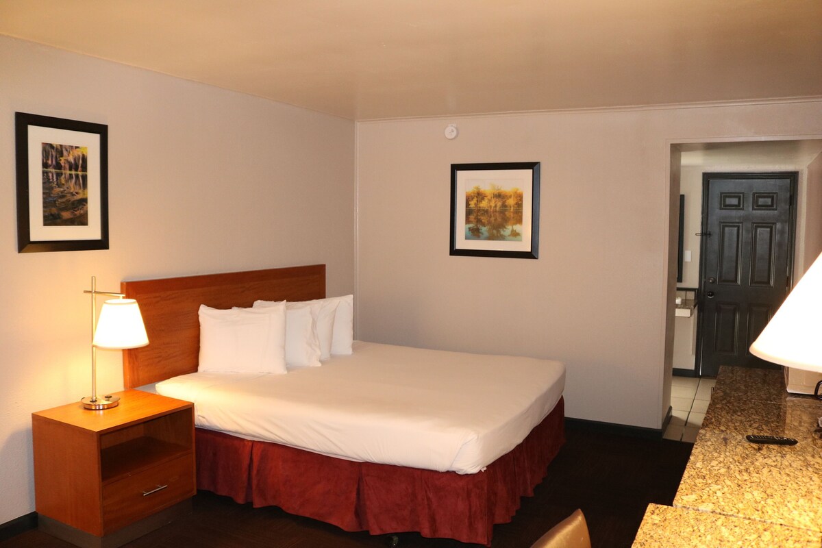 A hotel room with a bed, a nightstand with a lamp, a framed picture on the wall, and a door leading to a bathroom.