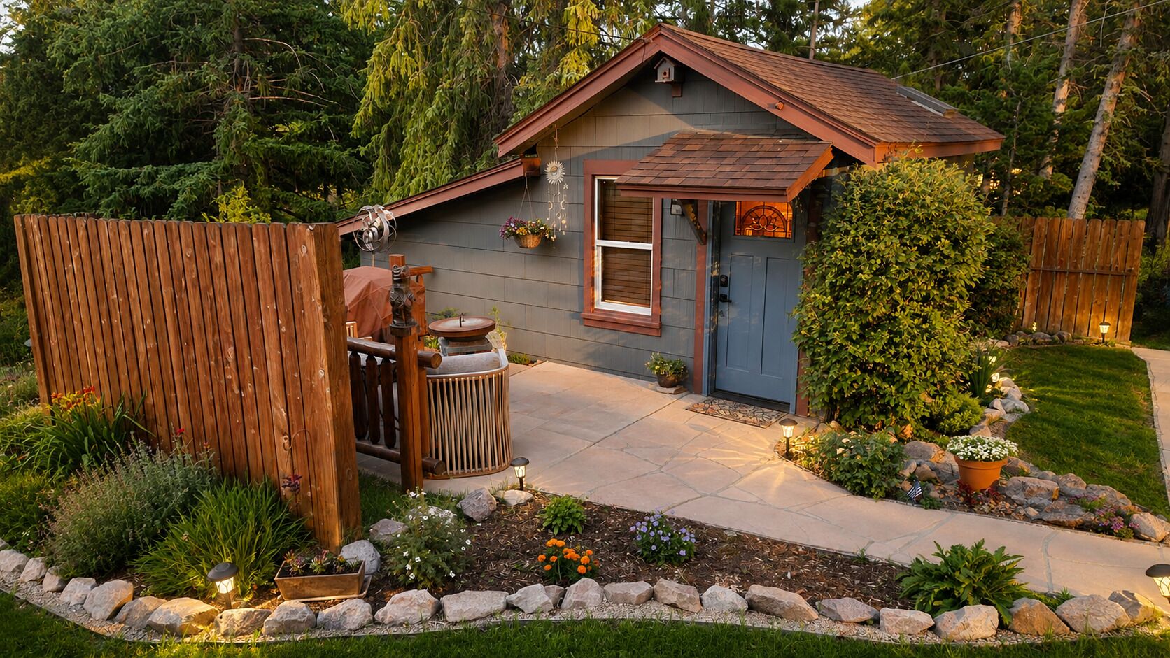 Una casita con terraza de madera, puerta principal y jardín con plantas y un sendero de piedra.
