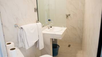Un baño con inodoro, lavamanos y ducha.
