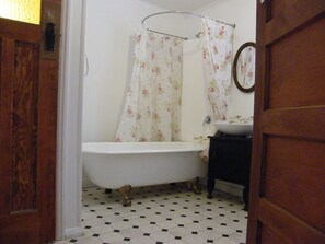Combined shower/tub, hair dryer, towels, toilet paper