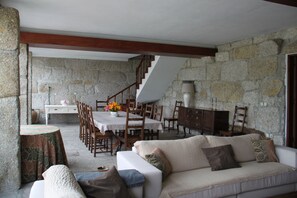 Télévision, cheminée, lecteur de DVD, livres