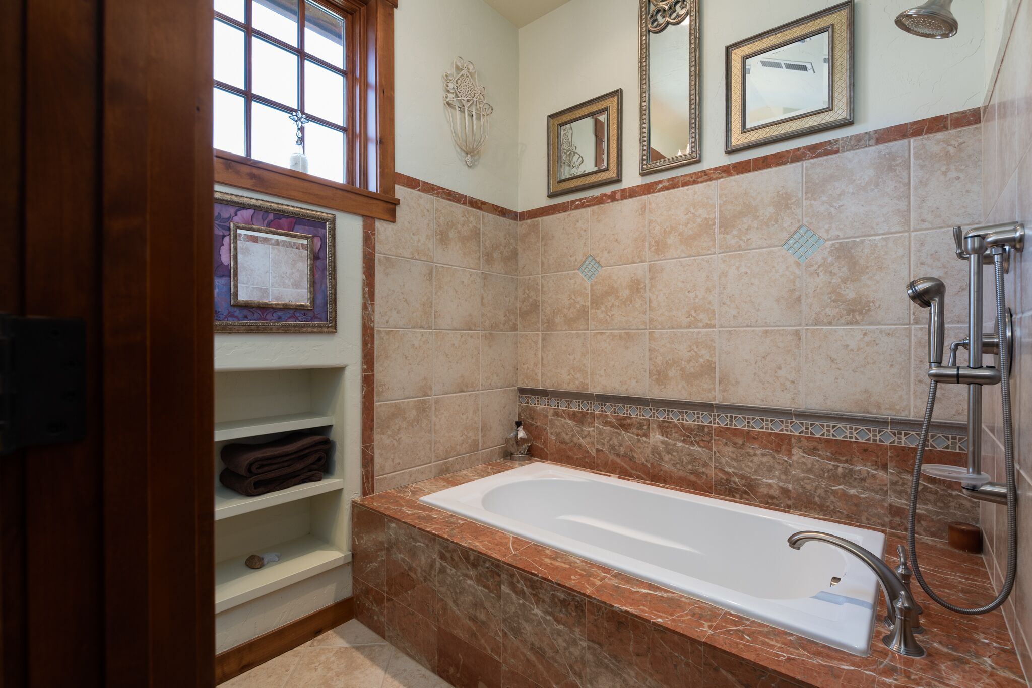 Combined shower/tub, hair dryer, towels, soap