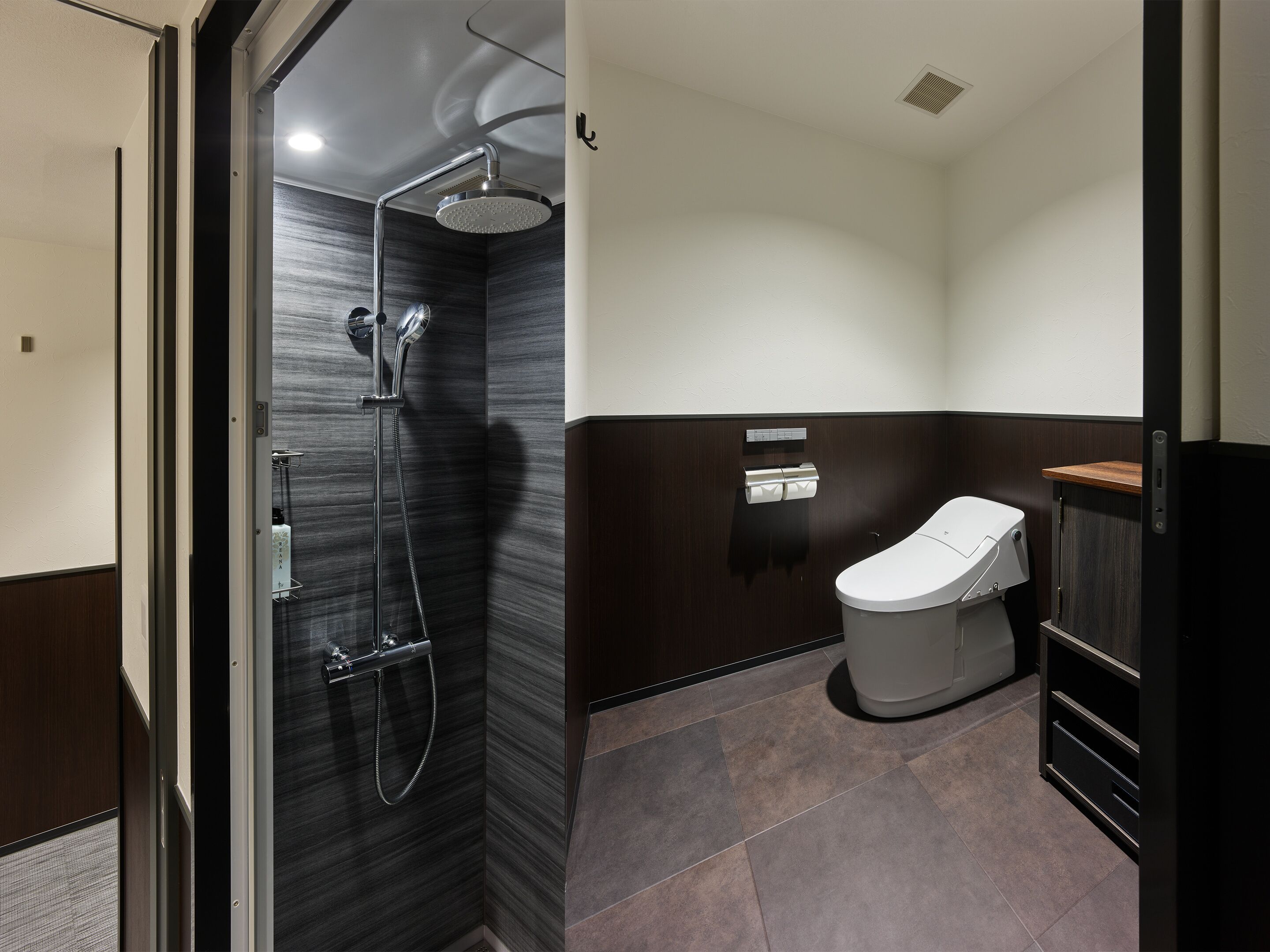 shower, rainfall showerhead, hair dryer, slippers