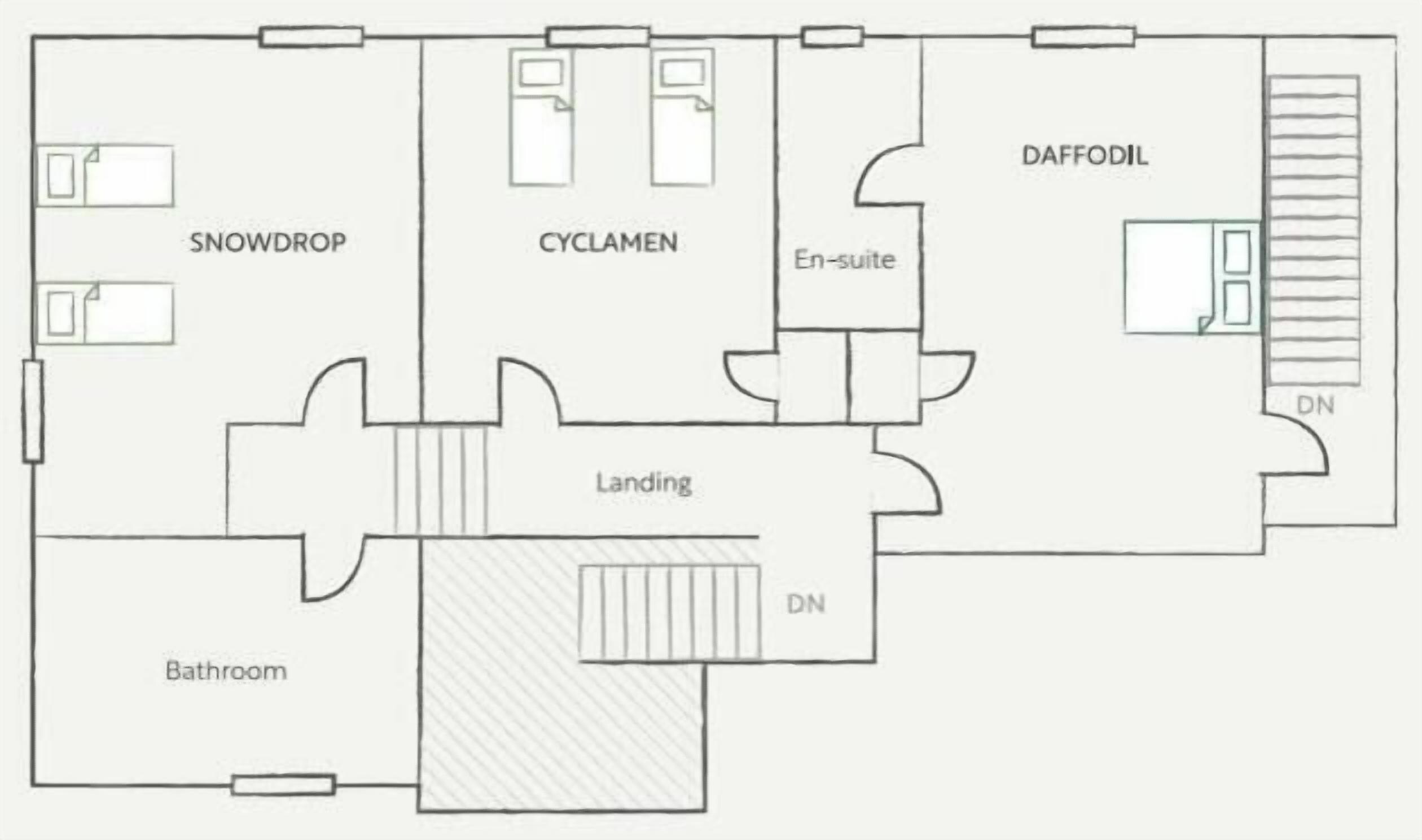 A hotel layout with a landing area, a snowdrop room, a cyclamen room, a daffodil room, a bathroom, and an en-suite.