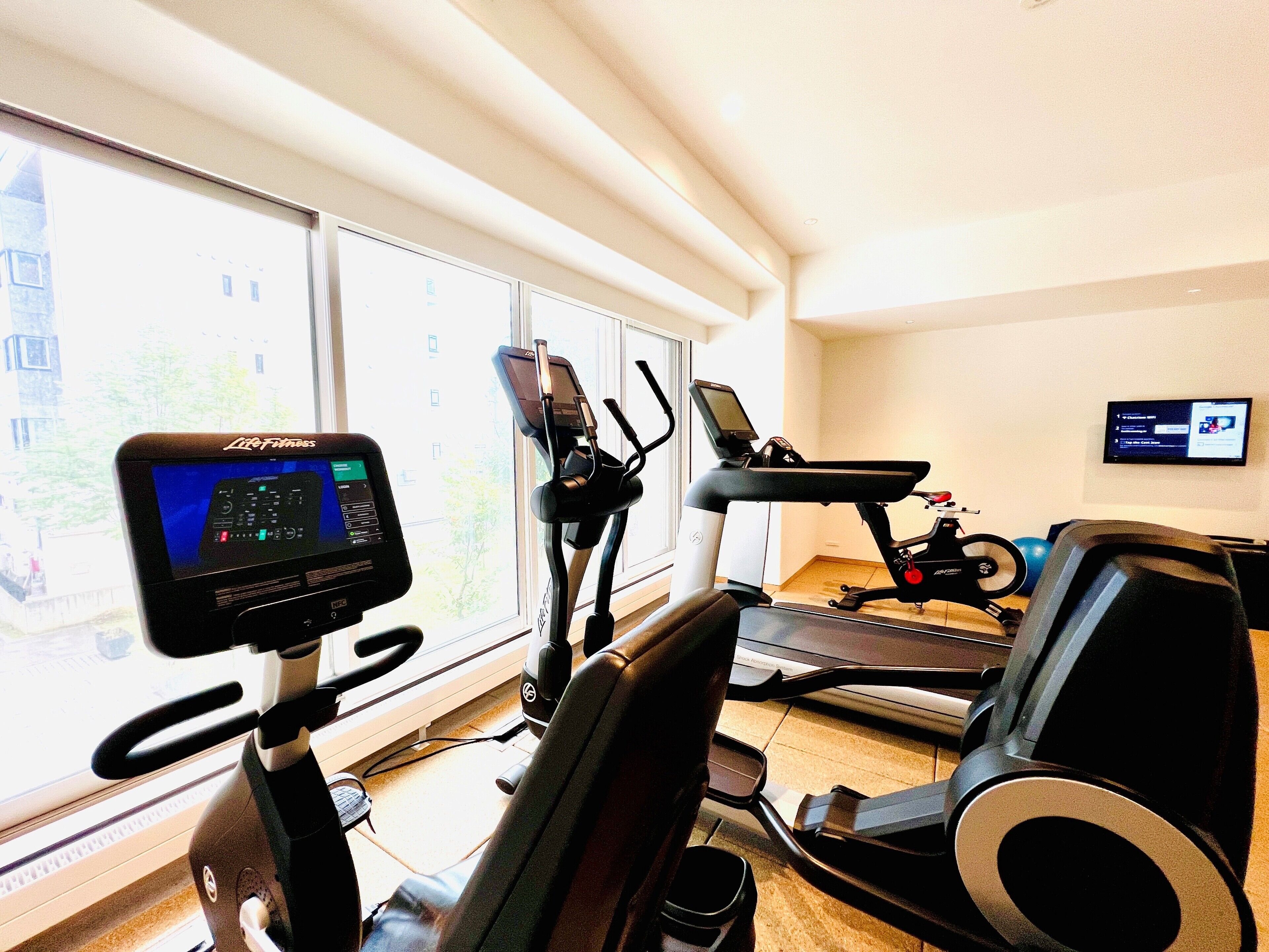 A gym with cardio equipment, a treadmill, and a stationary bike.