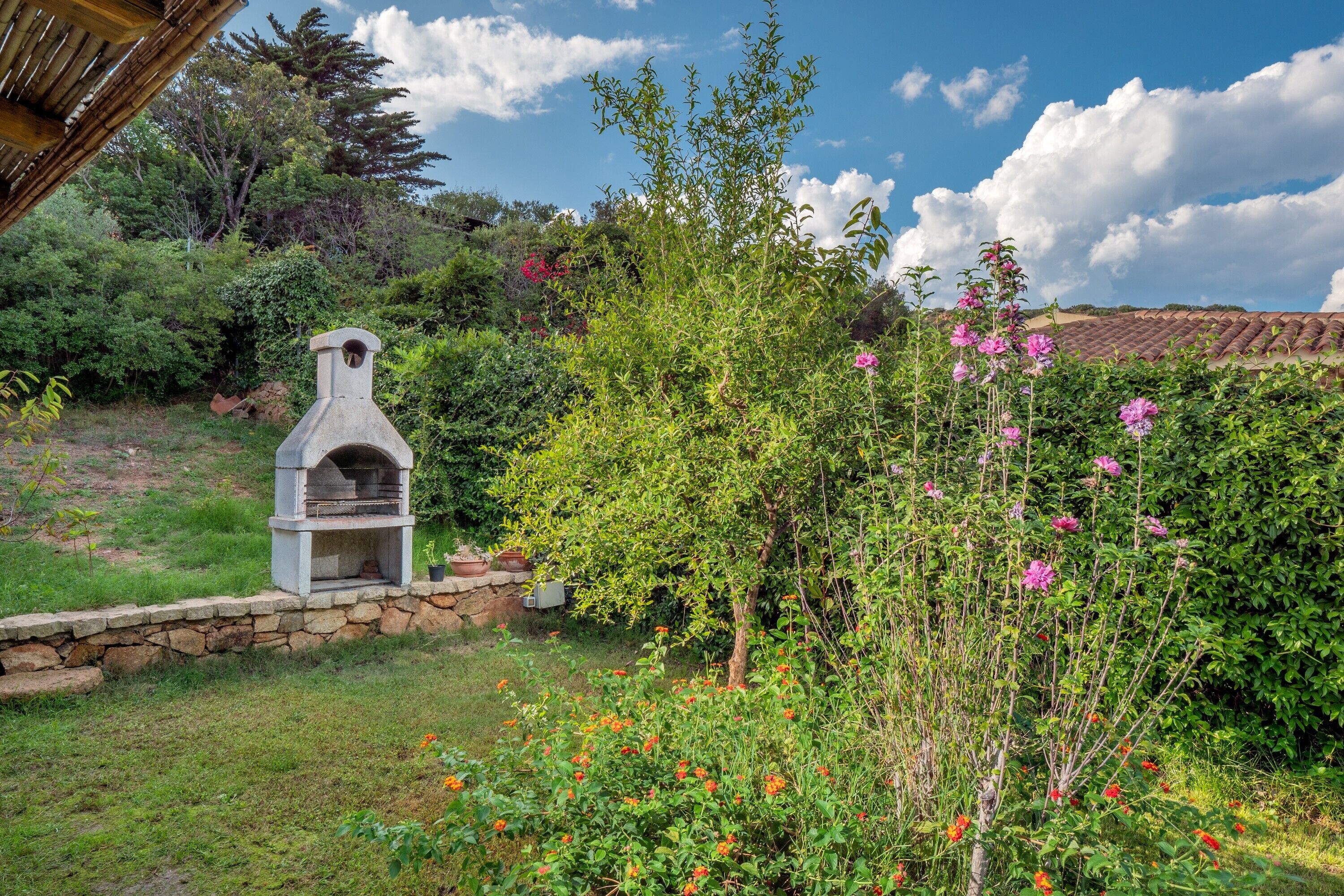 Un forno in pietra, vegetazione rigogliosa e un muro in pietra.