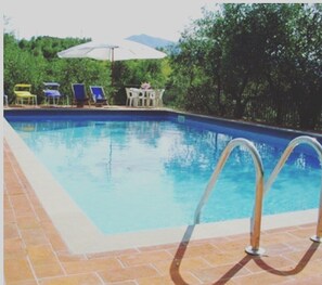 Relax by the pool surrounded by lush greenery and a scenic mountain view.