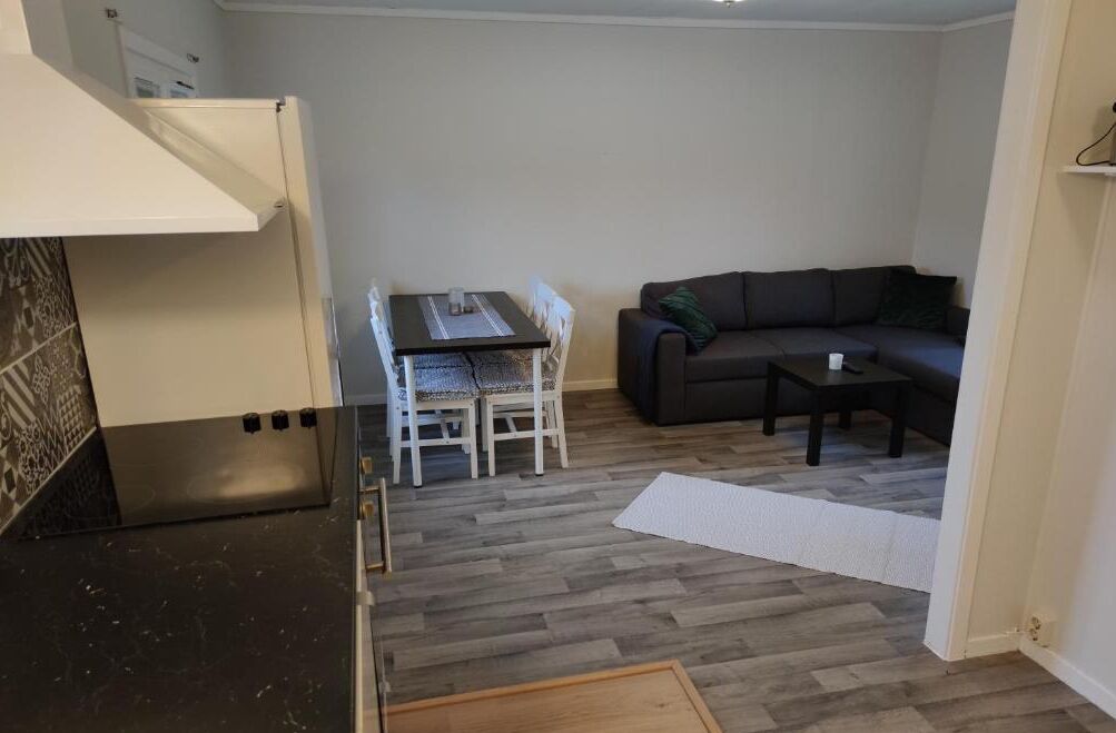 A compact living space with a kitchenette, a dining table with chairs, a sofa, and a small coffee table.