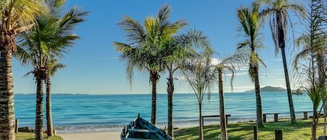 A pathway leading to a beach with a boat parked on the side, palm trees lining the path, and a clear view of the sea.