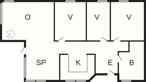 A floor plan with labeled rooms: O, V, V, V, SP, K, E, B. - Holiday Home in SÃ¦by (Sæby)