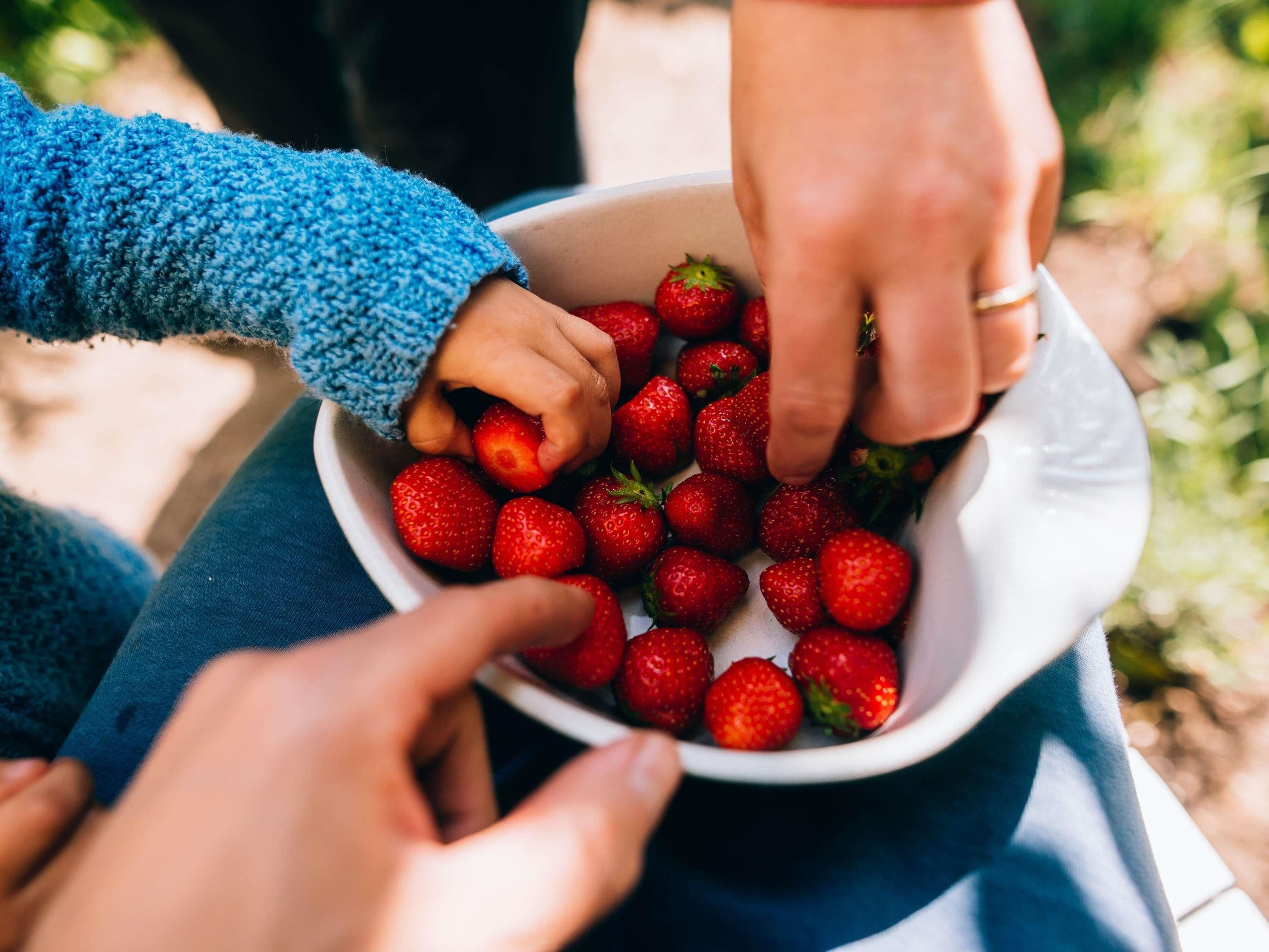 A bowl of strawberries being held by hands.