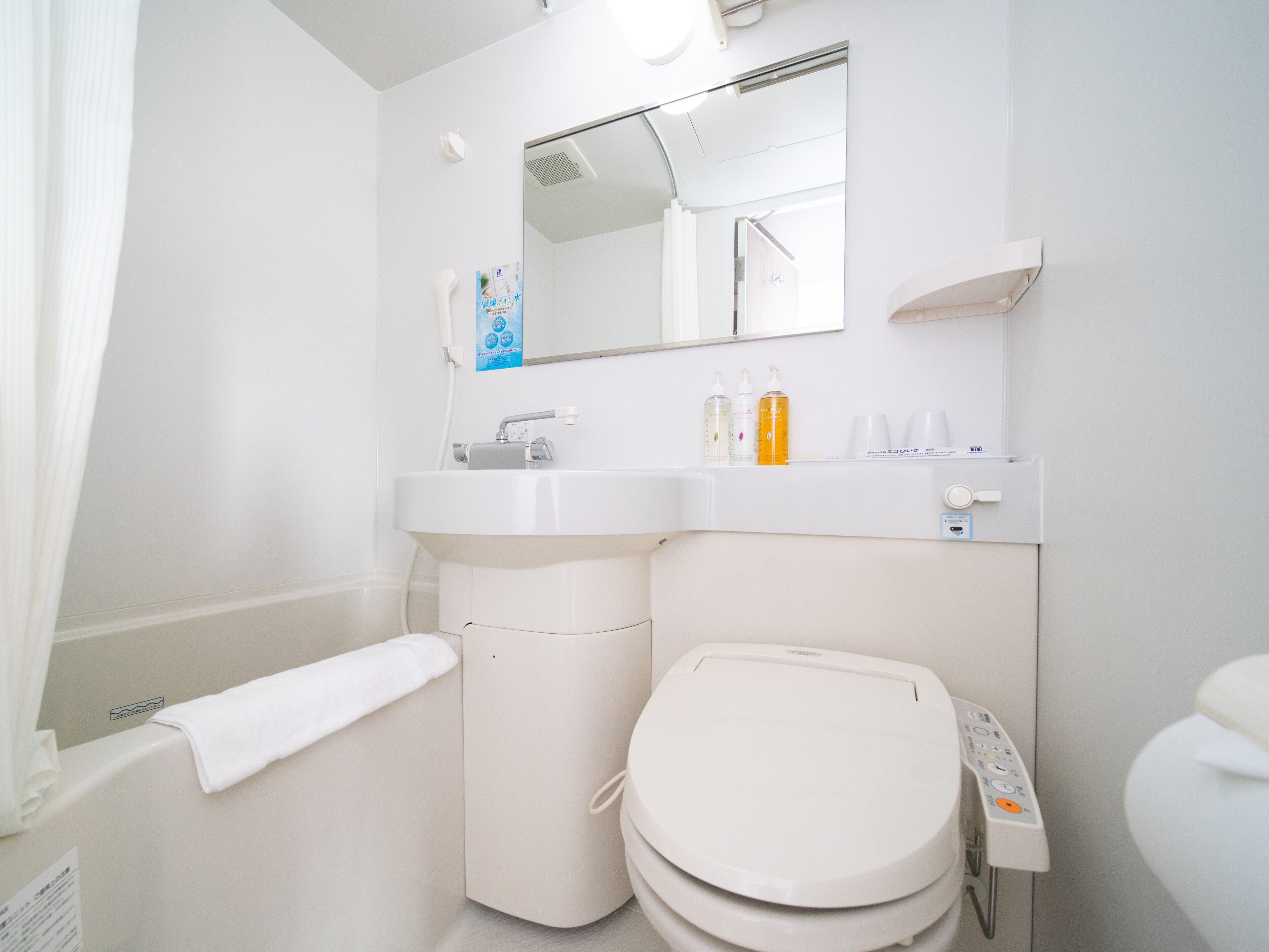 combined shower/bathtub, free toiletries, hair dryer, slippers