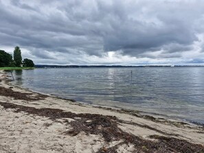 A beach with a sandy shore and calm water.