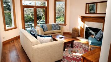 Smart TV, fireplace, DVD player, books