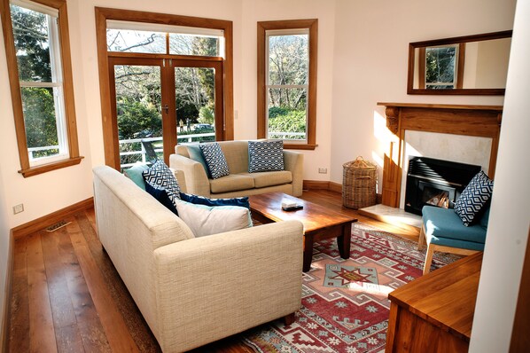 Smart TV, fireplace, DVD player, books