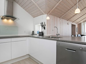 A modern kitchen with a stainless steel sink, a dishwasher, and a built-in oven. - Holiday Home in HarboÃ¸re (Harboore)