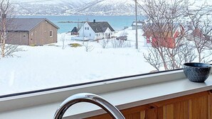 Vista da janela sobre uma paisagem nevada com casas e um corpo d'água.