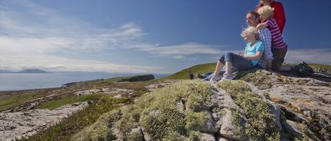 A family on a rocky outcrop with a view of the sea and distant hills.