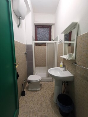 A small bathroom with a toilet, sink, and shower. - Florence Hostels Anamaria (Florence)