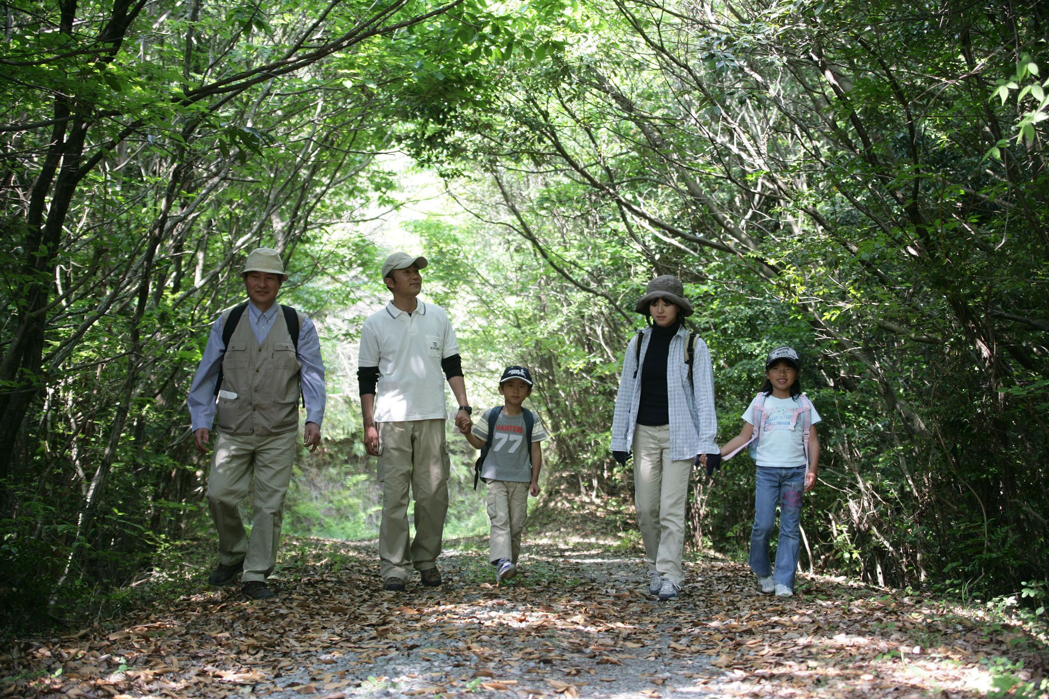 A family walking on a forest path.