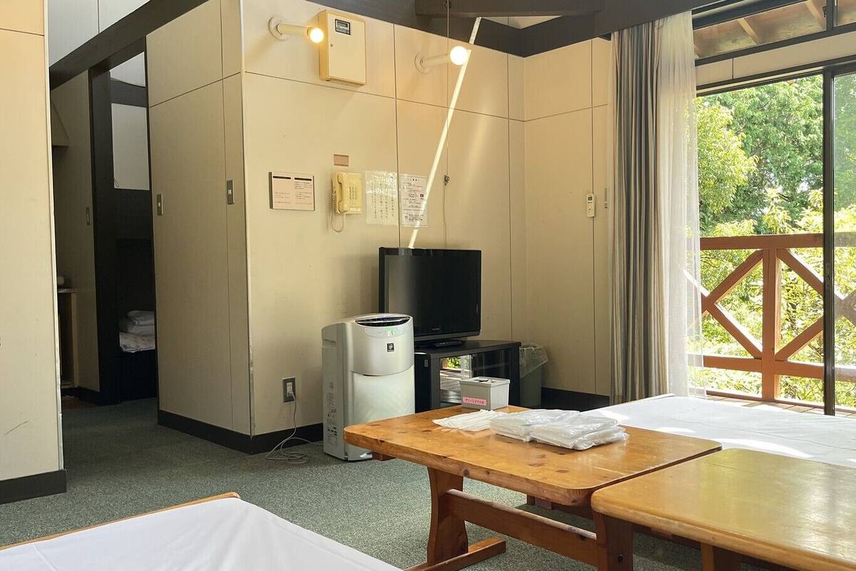 Une chambre d’hôtel avec une table en bois, un téléviseur, un radiateur et une fenêtre donnant sur un paysage verdoyant.