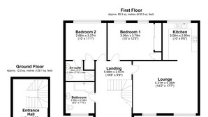 Un plan d’étage d’un hôtel comprenant deux chambres, une cuisine, un salon, une salle de bain, un hall d’entrée et une salle de bain attenante.