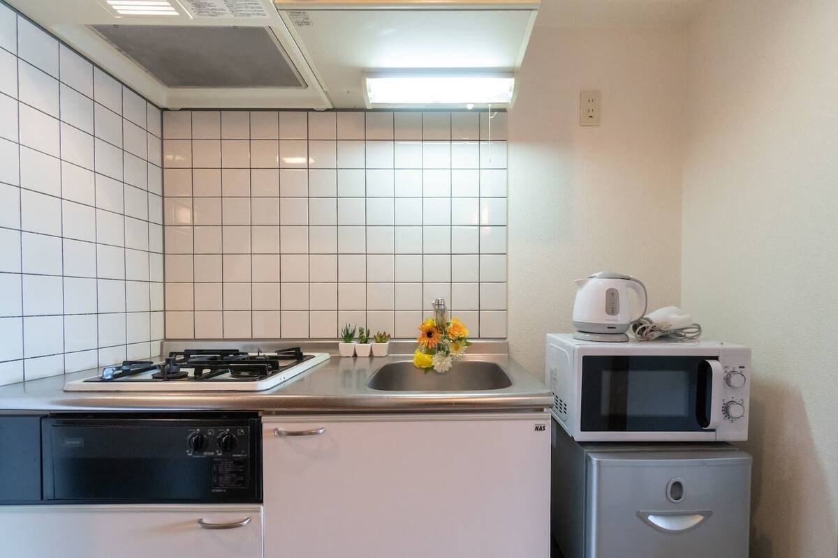 A compact kitchen with a gas stove, a microwave, a dishwasher, and a sink.