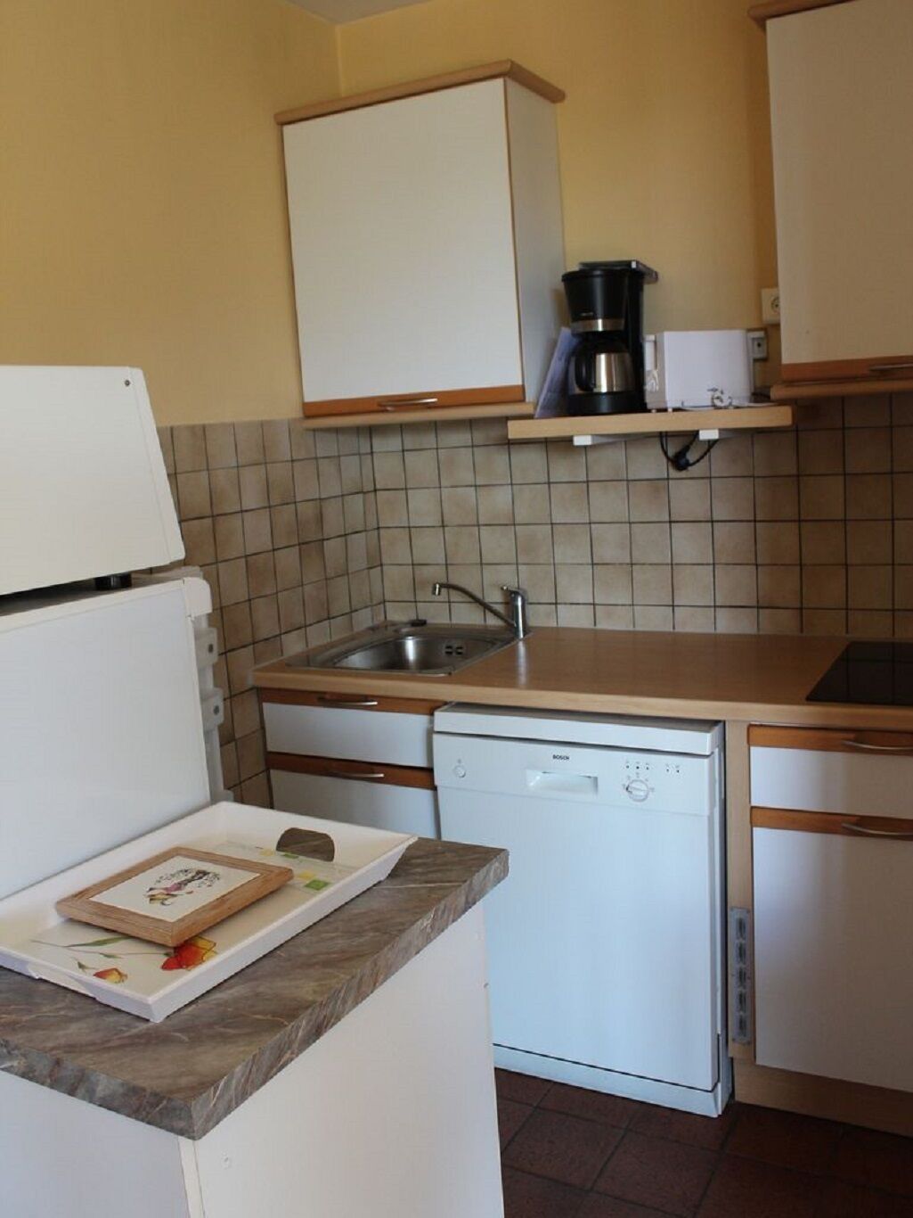 Una cucina compatta con lavastoviglie, lavello e macchina da caffè su un ripiano.