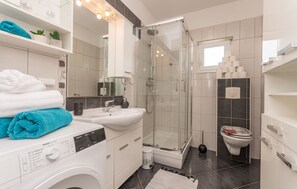 Bathroom features a modern sink, toilet, and glass-enclosed shower area.