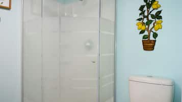 Chuveiro, secador de cabelo, toalhas de banho