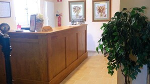 Un área de recepción con un mostrador de madera, una planta en maceta y obras de arte enmarcadas en la pared.