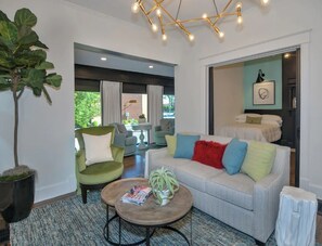 Smart TV, fireplace, books, stereo