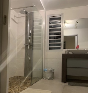 Bathtub, hair dryer, towels, toilet paper