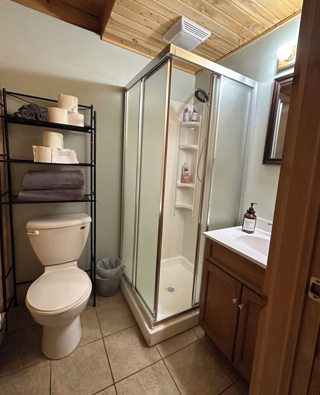 Shower, towels, soap, shampoo