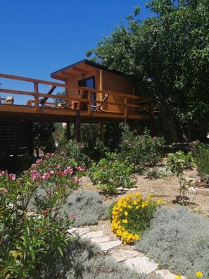 Surrounded by a lush garden, this cabin offers a serene retreat with a stone pathway leading to its simple, functional design.