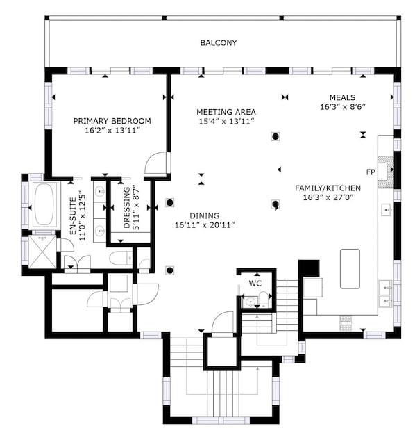 A floor plan of a hotel room with a balcony, primary bedroom, meeting area, dining, family/kitchen, en-suite bathroom, dressing area, and WC.