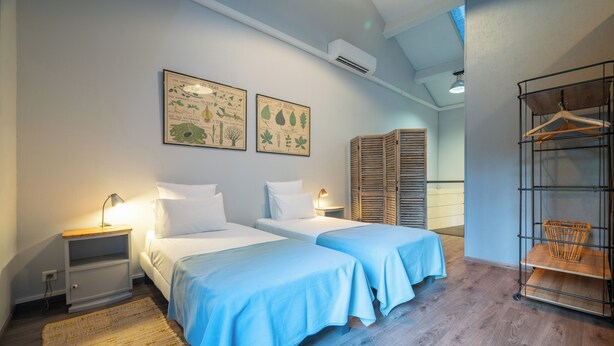 A bedroom with two beds, a bedside table, a nightstand, a hanging basket, and a wardrobe.