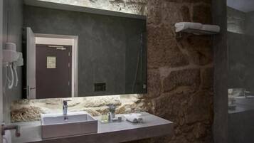 Shower, rainfall showerhead, designer toiletries, hair dryer