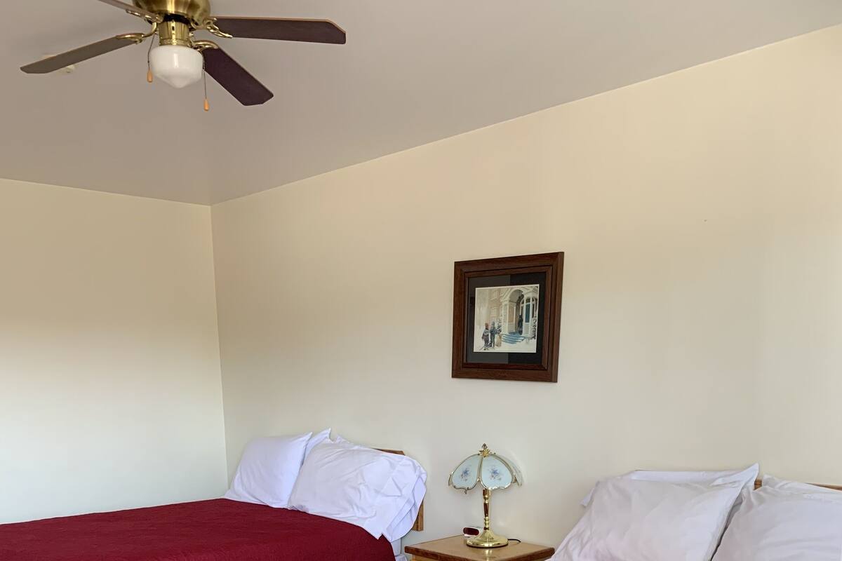 A hotel room with two beds, each with a red bedspread, a nightstand with a lamp, a ceiling fan, and a framed picture on the wall.
