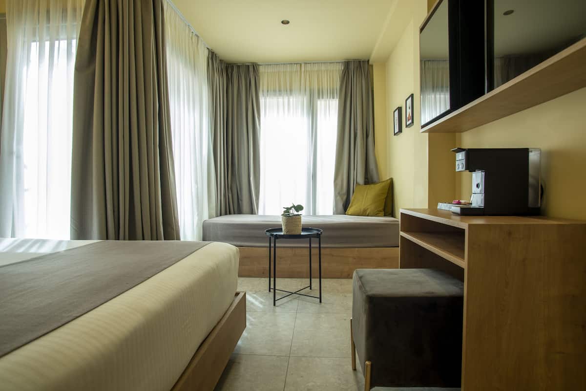 A hotel room with a bed, a small table with a plant, a sofa, a TV, and a coffee machine.