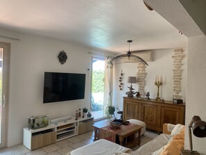 TV, fireplace, video-game console, DVD player