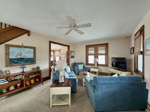 TV, fireplace, books, stereo