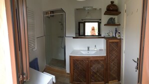 Un bagno con doccia, lavandino e specchio.