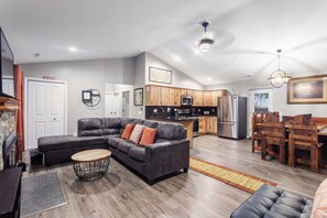 Flat-screen TV, fireplace