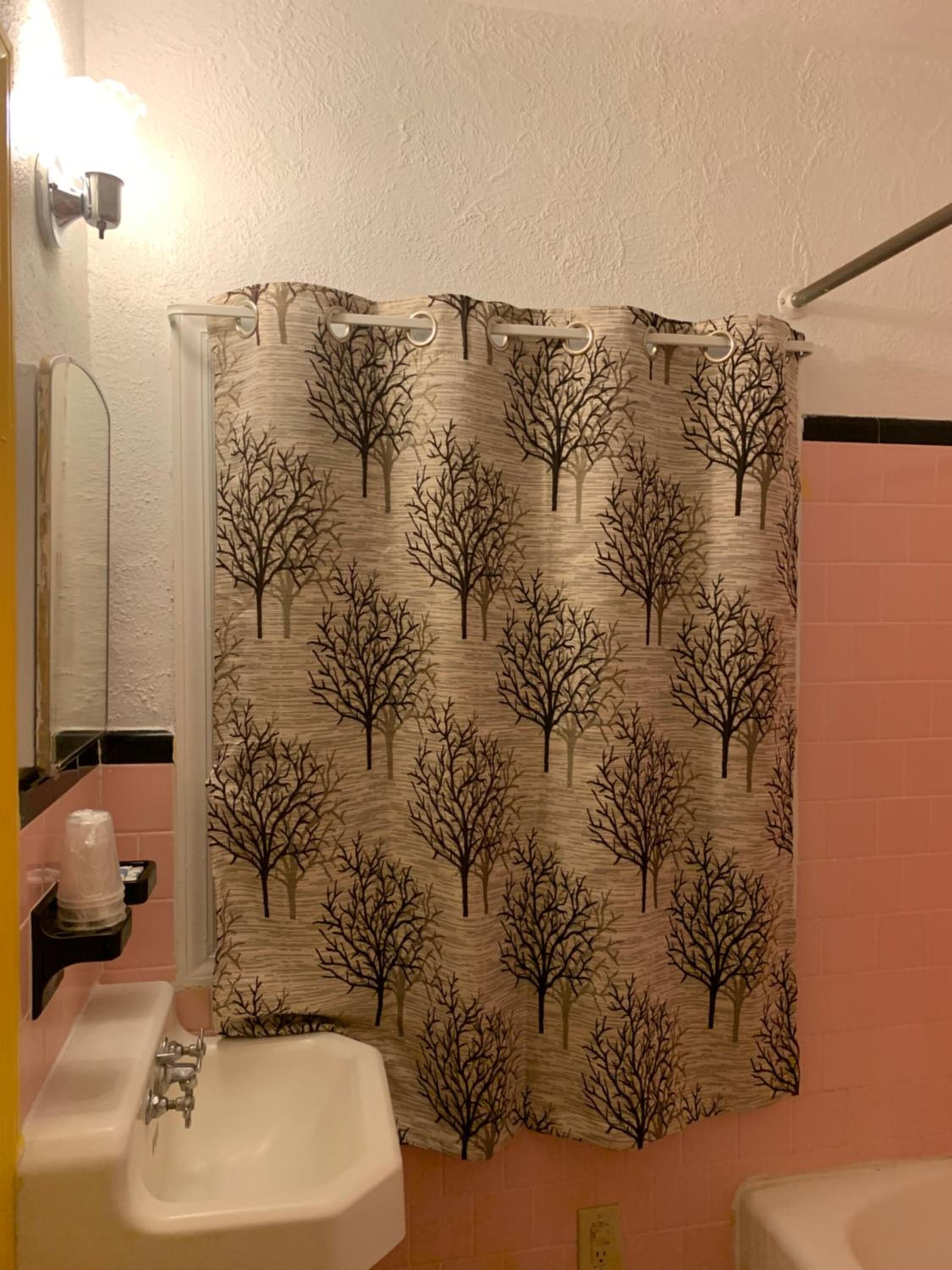 A bathroom with a shower curtain featuring a tree pattern, a sink, and a mirror.