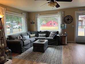 Télévision, cheminée, lecteur de DVD, chaîne hi-fi